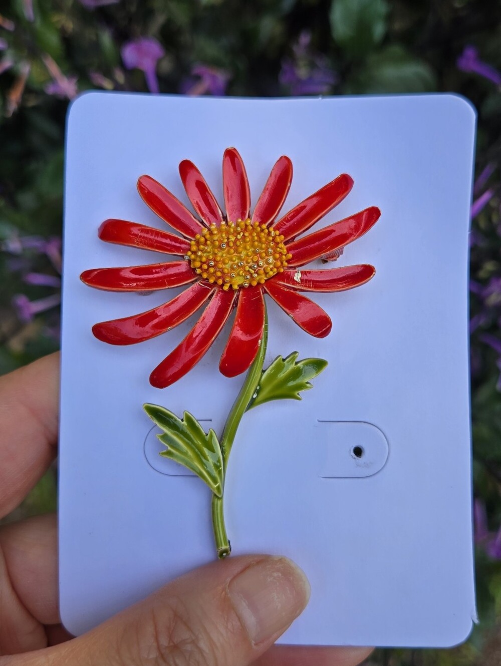 Coro Red Enamel Daisy Flower Brooch with Yellow Center Green Leaves
